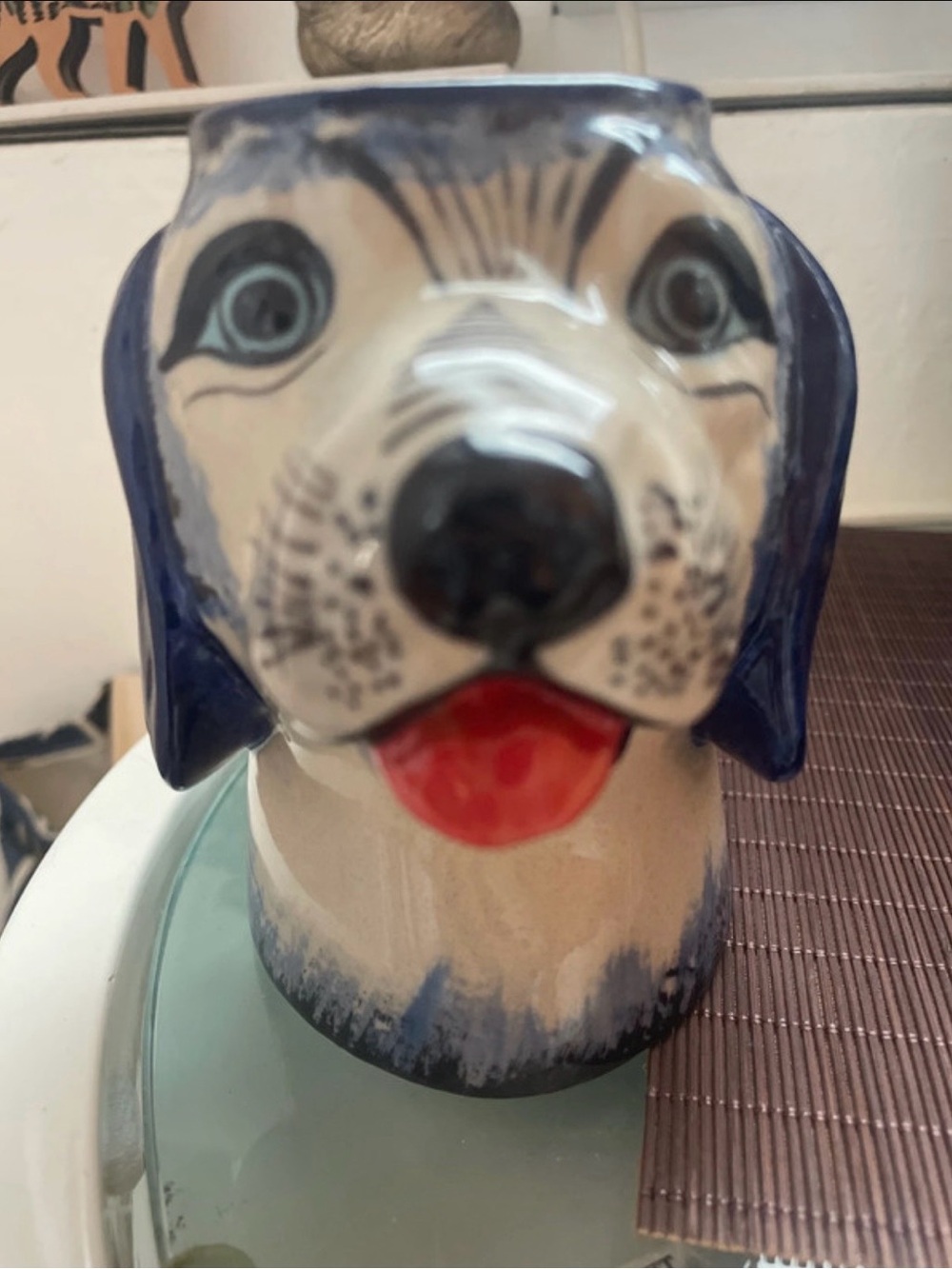 Hand-Painted Ceramic Dog Treat Jar - Blue, Red Accent